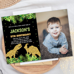 Invitation Photo Green Parties scintillant noire Dinosaur Ann