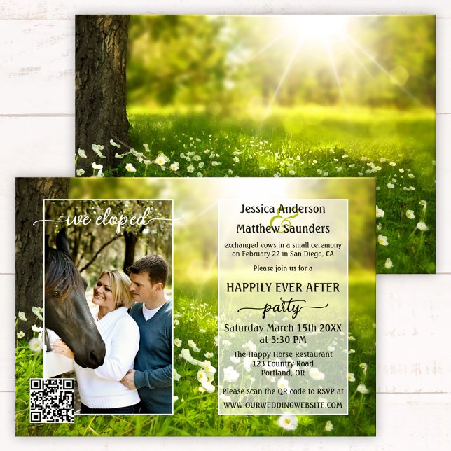 Invitation Photo Green Spring Script Country Post Mariage (Happily ever after wedding invitation with your photo framed on a spring meadow with flowers - QR)
