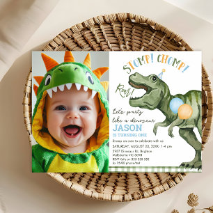 Invitation Photo Green Stomp Chomp Roar Dinosaur 1er annivers
