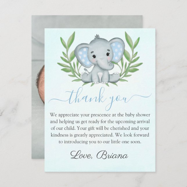 Invitation Photo Greenery Elephant Photo Boy Baby shower Invi (Devant / Derrière)