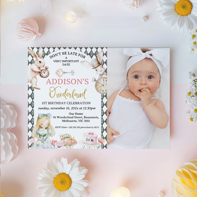 Invitation Photo Grey Alice dans l'Onederland 1er anniversair (Alice In Onederland 1st Birthday Invitation Template, Whimsical Alice In Onederland 1st Birthday )