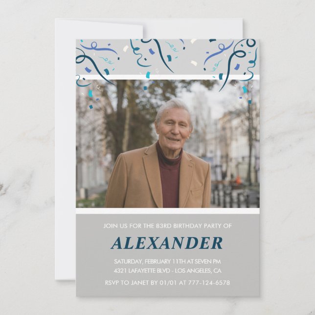 Invitation Photo Grey pour lui Confetti 83e anniversaire (Devant)