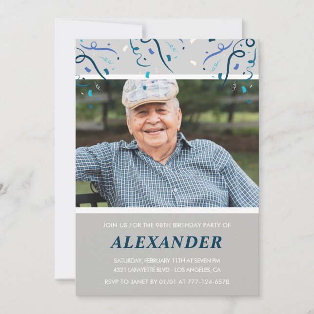 Invitation Photo Gris pour lui Confetti 98e anniversaire (Devant)
