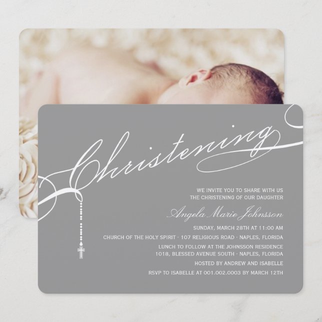 Invitation Photo grise de croix préétablie de baptême (Devant / Derrière)