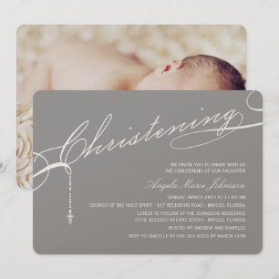 Invitation Photo grise de croix préétablie de baptême