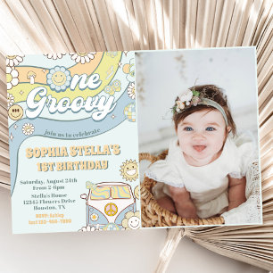 Invitation Photo Groovy Retro Rainbow 1er Birthday Party