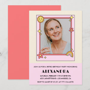 Invitation Photo groovy Rétro Rose 70s 42ème anniversaire