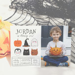 Invitation Photo Halloween Friends Cute Modern Boy Birthday<br><div class="desc">This design feent the birthday boy's name in big capital letters in one of my favorite decorative fonts, below, his age appears in cute script typographiy. Underneath, in the middle of the card, there are 6 Halloween friends : a pumkin, a vampire, a witch's, a black cat, a ghost, et...</div>