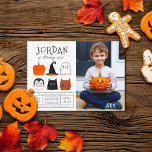 Invitation Photo Halloween Friends Cute Modern Boy Birthday<br><div class="desc">This design feent the birthday boy's name in big capital letters in one of my favorite decorative fonts, below, his age appears in cute script typographiy. Underneath, in the middle of the card, there are 6 Halloween friends : a pumkin, a vampire, a witch's, a black cat, a ghost, et...</div>