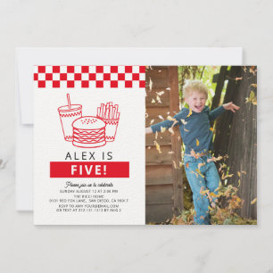 Invitation Photo Hamburger à carreaux rouges pour 5ème annive