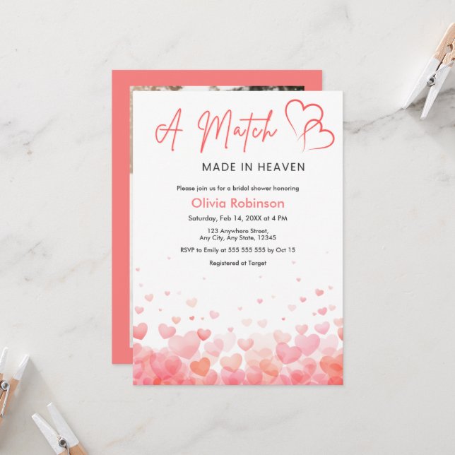 Invitation Photo Hearts A Match Made in Heaven Bridal Shower  (Devant/Arrière en situation)