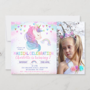 Invitation Photo Hearts Stars Rainbow Unicorn Anniversaire
