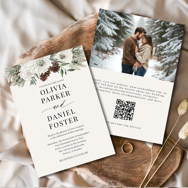 Invitation Photo hiver QR Code Elegant Mariage À feuillage pe (Créateur téléchargé)