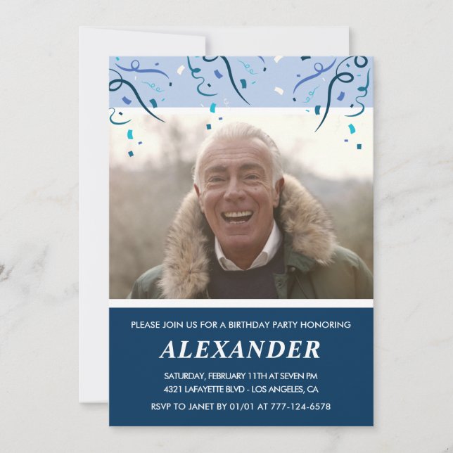 Invitation Photo Homme Marine Blue 76e anniversaire (Devant)