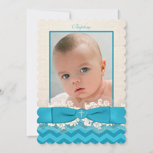 Invitation photo IMPRIMÉ RIBBON Baptism - Blue Che (Devant)