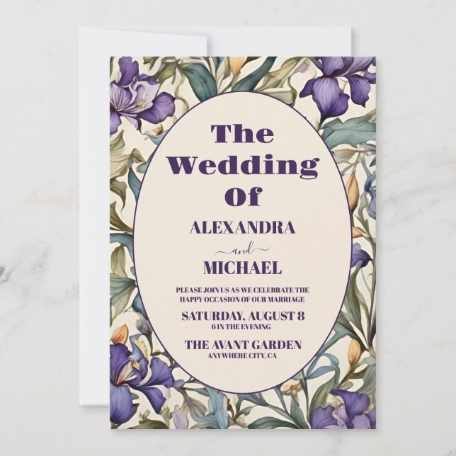 Invitation Photo Iris Violet Art Nouveau Mariage (Devant)