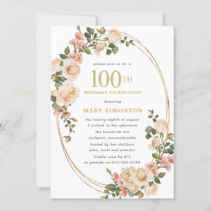 Invitation Photo Ivory White Rose 100e fête d'anniversaire