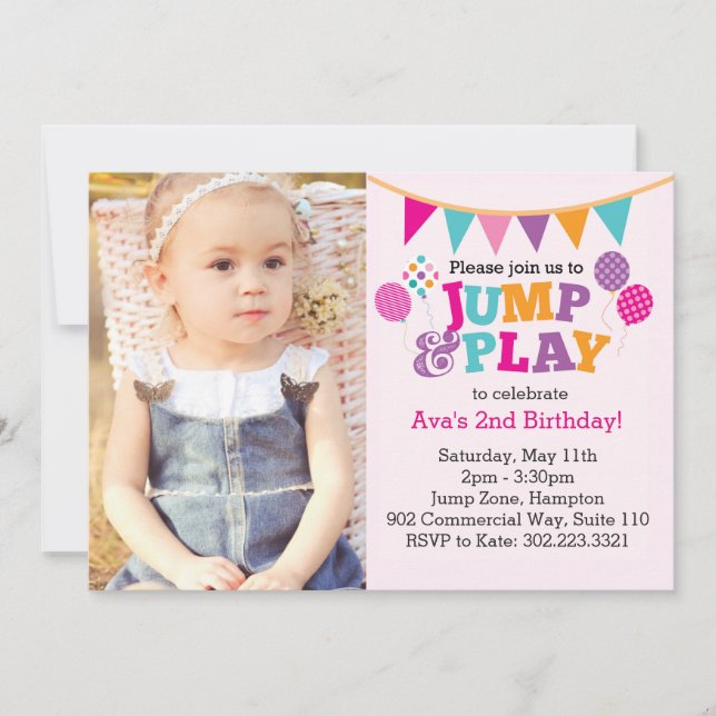 Invitation photo Jump & Play Balloons (Pink) (Devant)