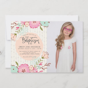 Invitation PHOTO LDS BAPTISM   Élégante fille flor