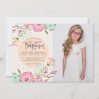 Invitation PHOTO LDS BAPTISM | Élégante fille flor