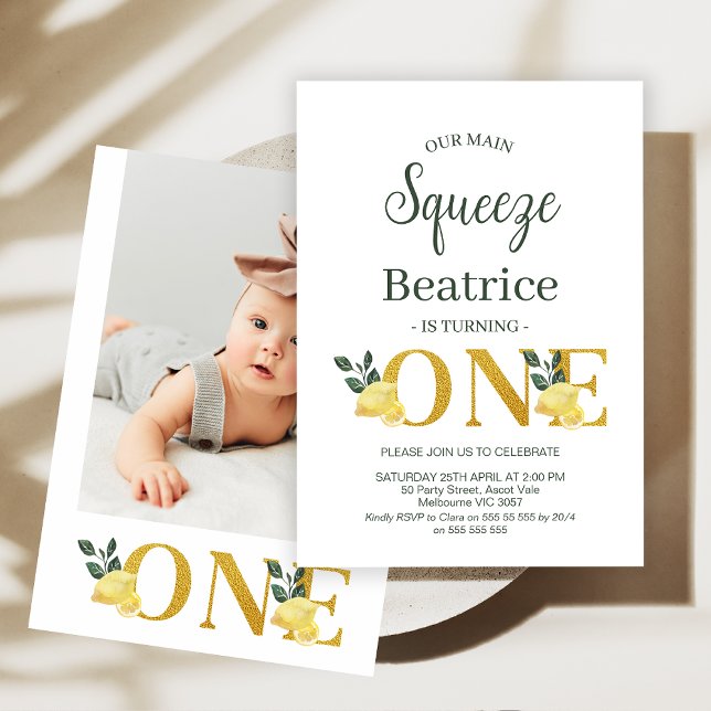 Invitation Photo Lemons Our Main Squeeze 1er anniversaire (Lemon MAIN SQUEEZE 1st Birthday Invitation Lemonade Birthday Party Invitation Lemon Foliage Birthday)
