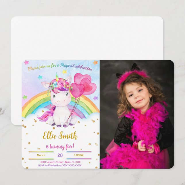 Invitation photo licorne florale aquarelle (Devant / Derrière)