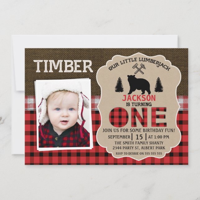 Invitation Photo Lumberjack Burlap 1er Anniversaire Invitatio (Devant)