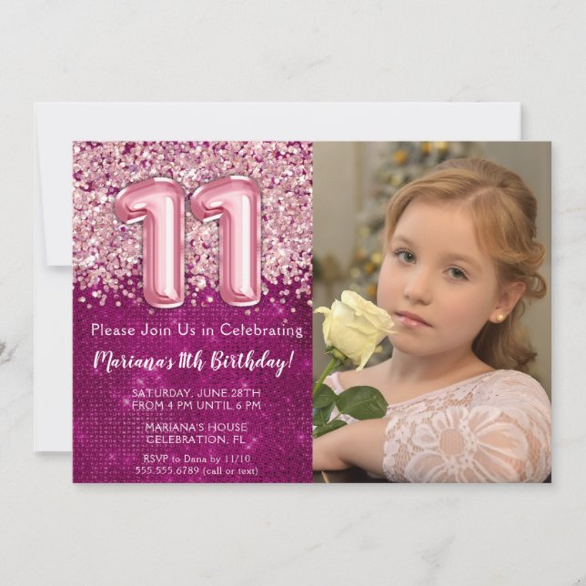 Invitation Photo Magenta Parties scintillant rose 11e anniver (Devant)