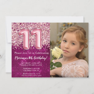 Invitation Photo Magenta Parties scintillant rose 11e anniver
