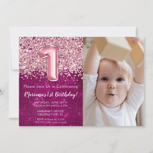 Invitation Photo Magenta Pink Parties scintillant 1er anniver (Devant)