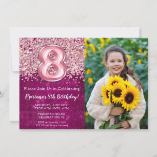 Invitation Photo Magenta Pink Parties scintillant 8e annivers
