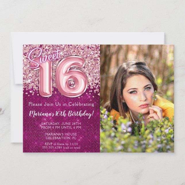 Invitation Photo Magenta Pink Sweet 16e fête d'anniversaire (Devant)