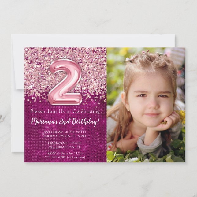 Invitation Photo Magenta Rose Pailleté 2ème Anniversaire (Devant)