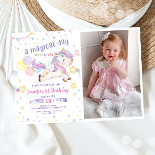 Invitation Photo Magic Rainbow Unicorn 1er Anniversaire