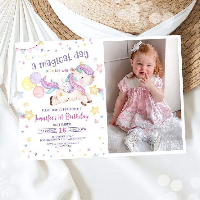Invitation Photo Magic Rainbow Unicorn 1er Anniversaire (Créateur téléchargé)