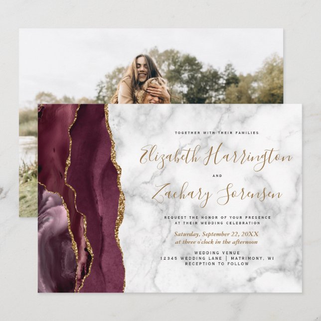 Invitation Photo Marbre Agate Bordeaux Mariage (Devant / Derrière)