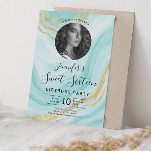 Invitation PHOTO Marbre Turquoise Parties scintillant Sweet 1
