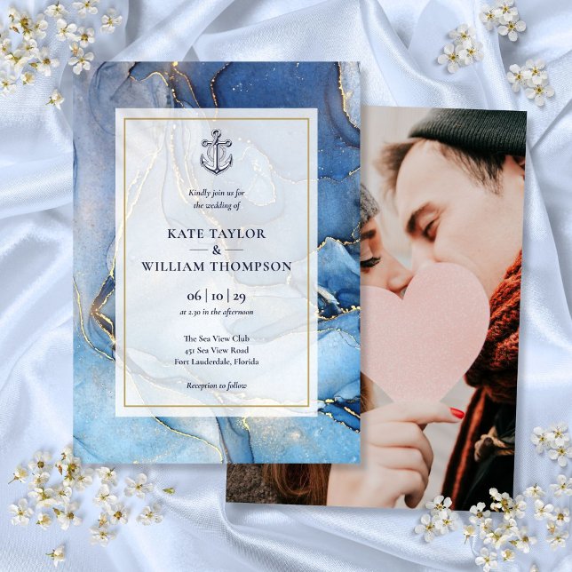Invitation Photo Mariage Ancre Nautique Bleu Et Or (Nautical Blue And Gold Agate Anchor Wedding Photo Invitation)