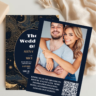 Invitation Photo Mariage céleste d'or bleu nuit