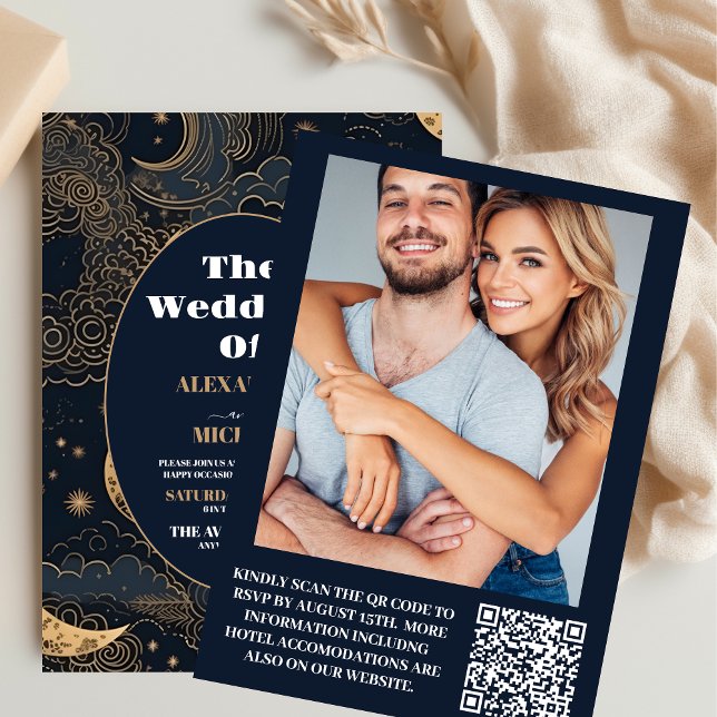 Invitation Photo Mariage céleste d'or bleu nuit (Créateur téléchargé)