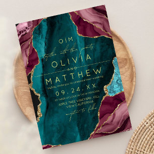 Invitation Photo Mariage d'Agat de Bourgogne, Turquoise et Or