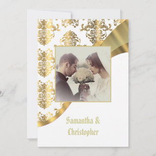 Invitation photo mariage damassé blanche et or