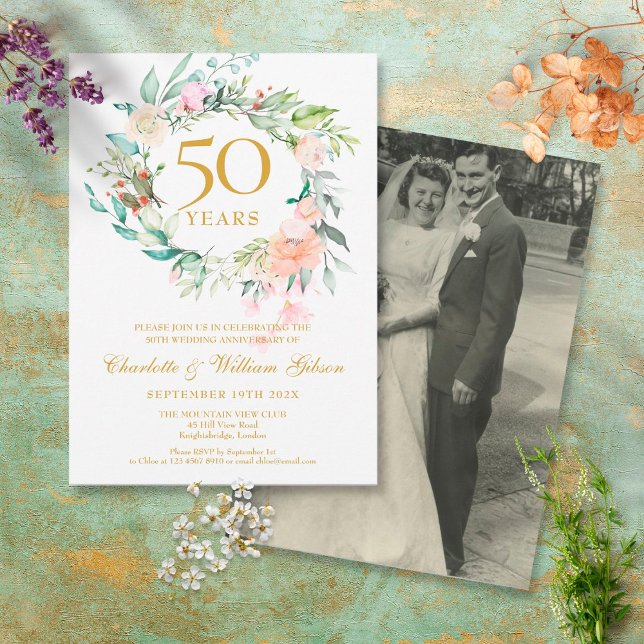 Invitation Photo Mariage du 50e anniversaire Floral Garland (Créateur téléchargé)