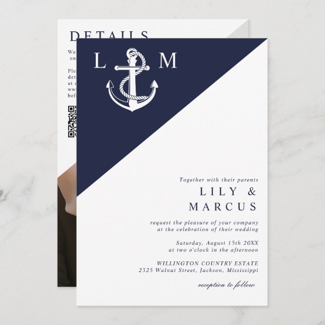 Invitation Photo Mariage du Monogramme marin bleu marine Code (Devant / Derrière)