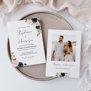 Invitation Photo Mariage floral rose et bleu chic Navy