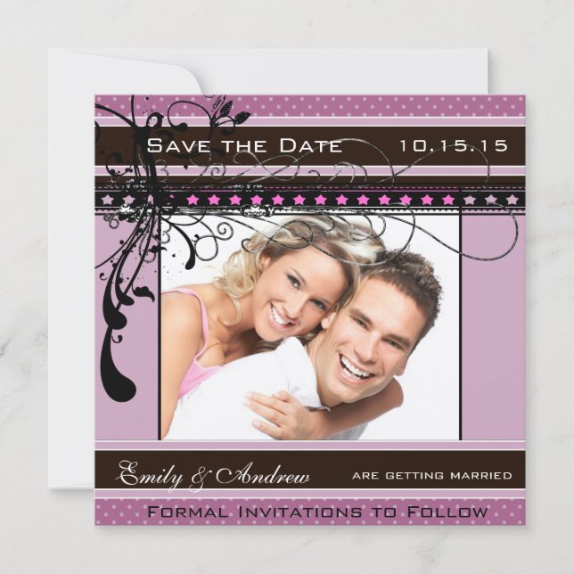 Invitation Photo Mariage violet et rose Enregistrer la date (Devant)