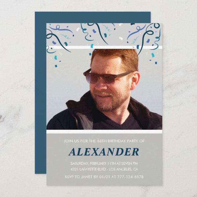 Invitation Photo Marine bleu Confetti pour lui 68e anniversai (Devant / Derrière)