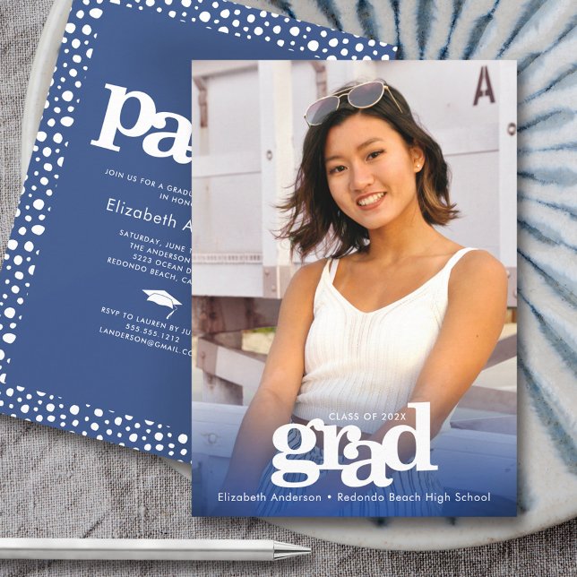 Invitation Photo marine bleu moderne audace grad party élégan (Créateur téléchargé)