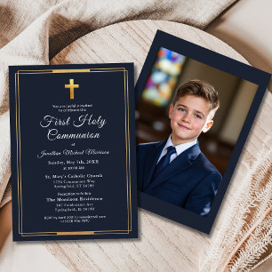 Invitation Photo Marine Blue Gold Première communion sainte