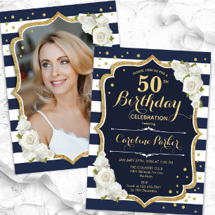 Invitation Photo Marine Blue White Gold 50e anniversaire